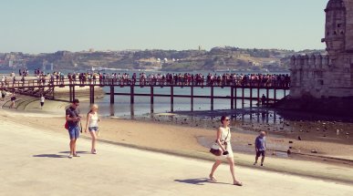 Tourists at Belém Tower, Lisbon, Portugal