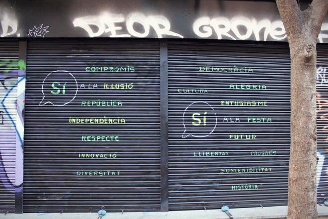 Catalan Independence in Barcelona - The Reasons for Independence on a Shop Shutter