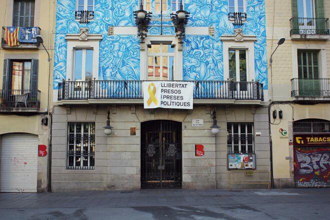 Catalan Independence in Barcelona - Freedom Banner on a Public Building